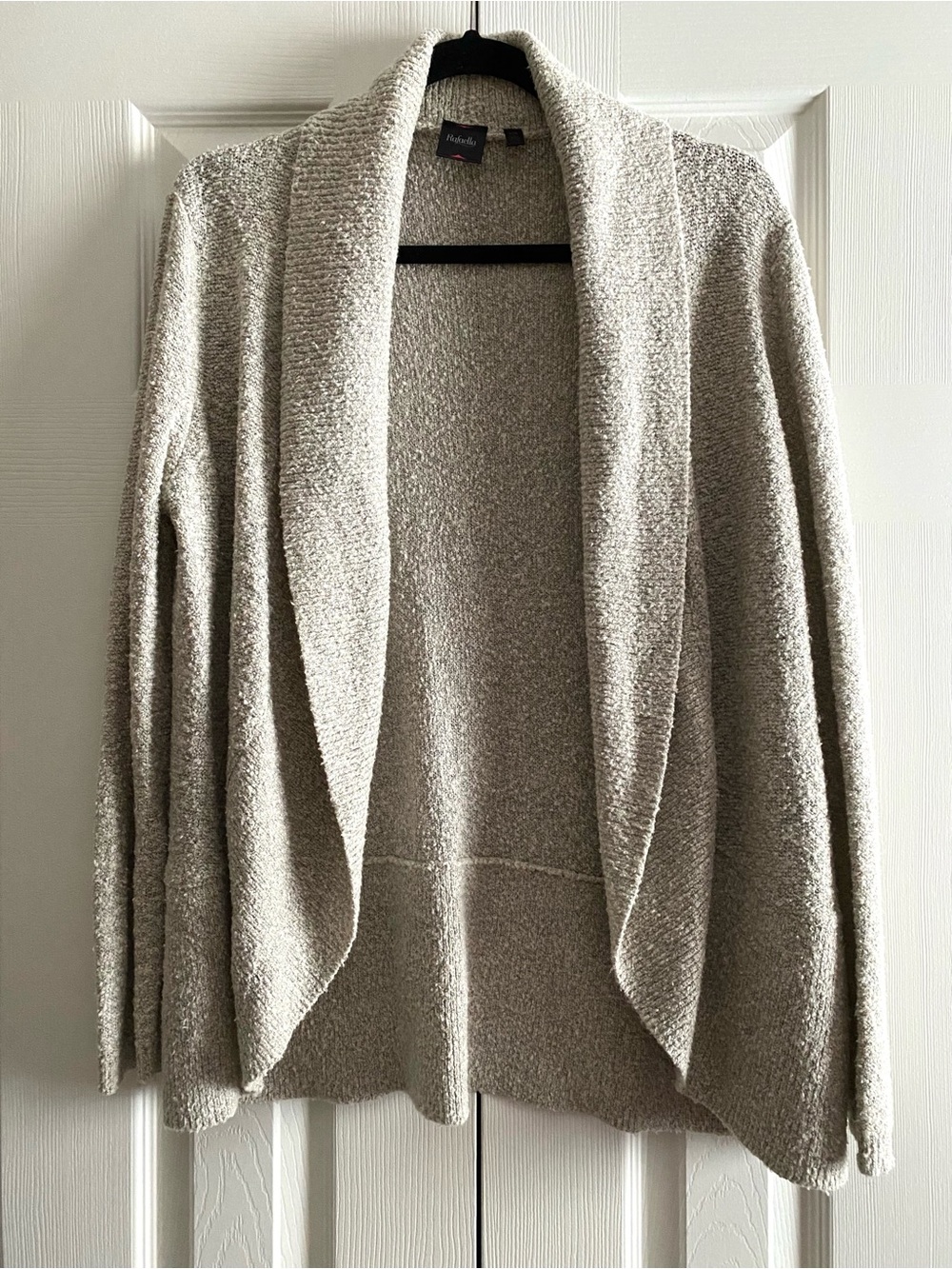 RAFAELLA COTTON BOUCLE KNIT DRAPED SHAWL COLLAR OPEN FRONT CARDIGAN BOHO Beige L